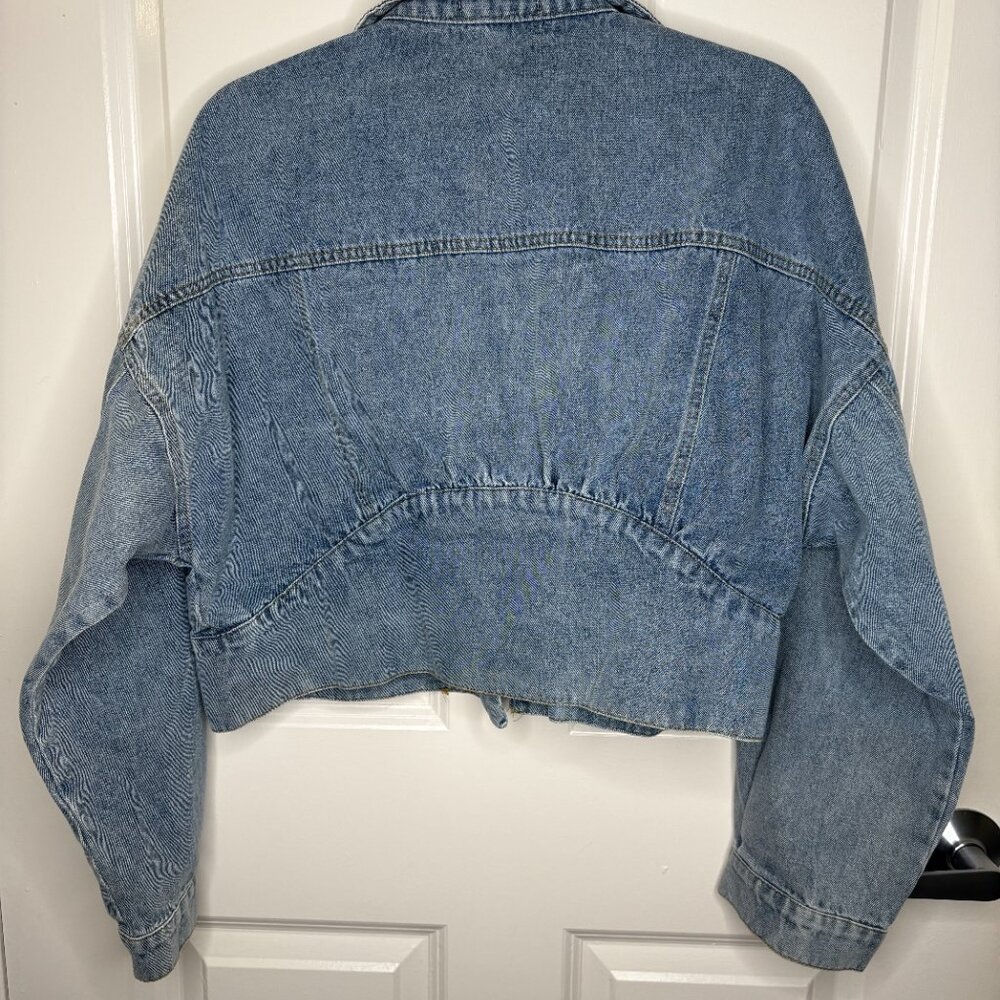 Bold Bib Collar Blue Jean Jacket – Trendy Cropped Cut - Picture 3 of 15